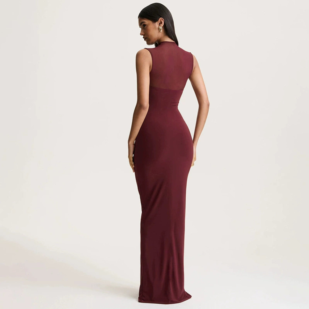 Zara High Neck Sleeveless Slim Maxi Dress Mesh Patchwork Smocked Spring Summer - Picture 4 of 6